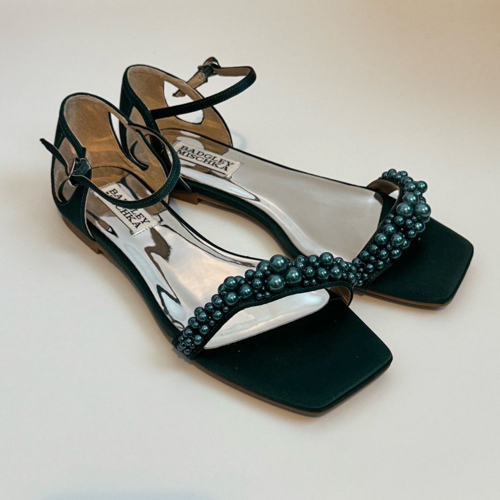 Badgley Mischka Elegant Emerald Green Pearl Embellished Sandals